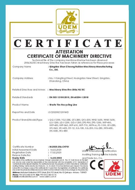 Chine Qingdao Shun Cheong Rubber machinery Manufacturing Co., Ltd. Certifications